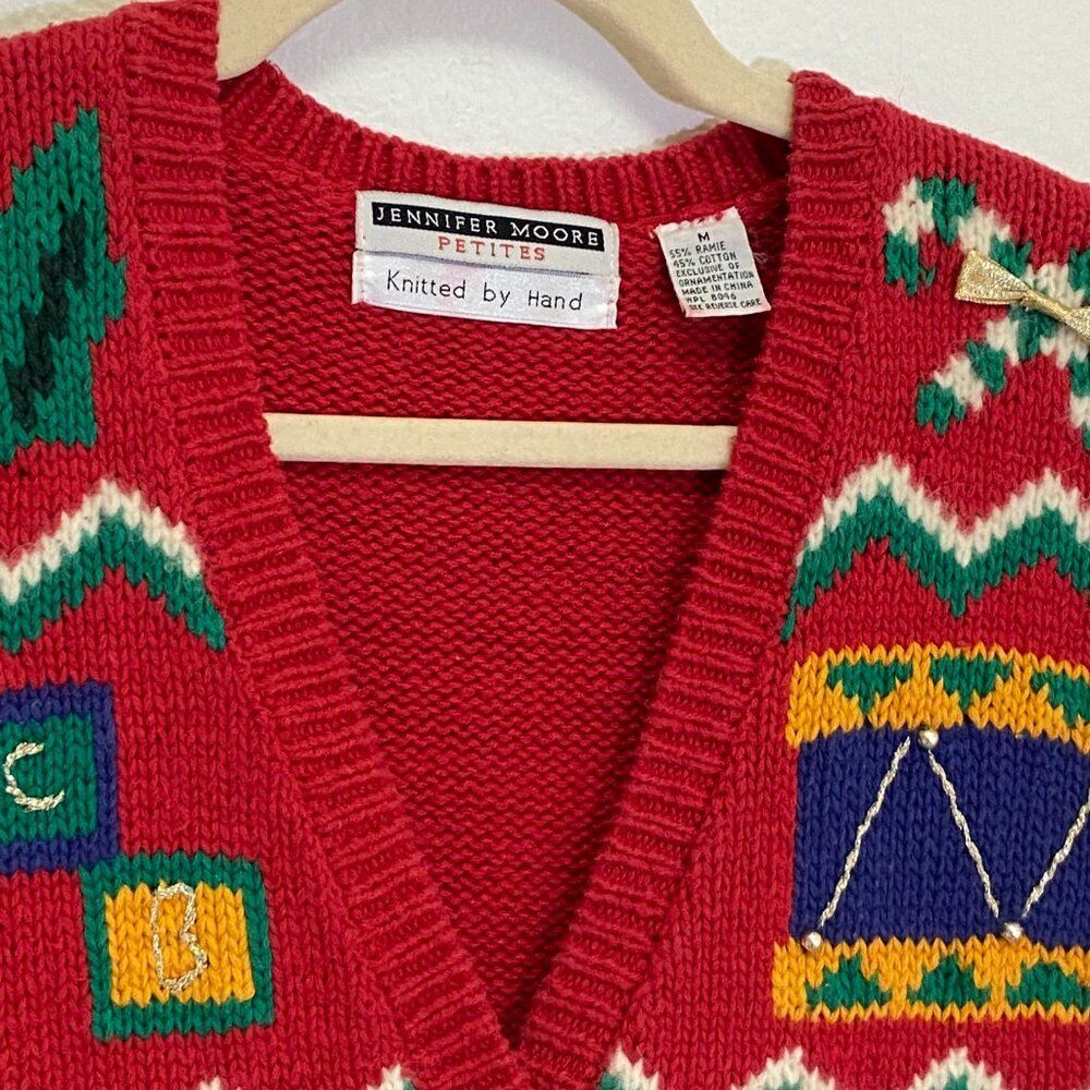 Vintage Jennifer Moore - Christmas V-Neck Vest Hand Knit - size M - Picture 3 of 10